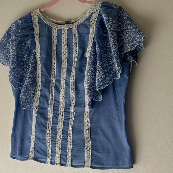 Anthropologie Light Blue Eyelet Lace-Trim Flutter Sleeve Top - Picture 4 of 16